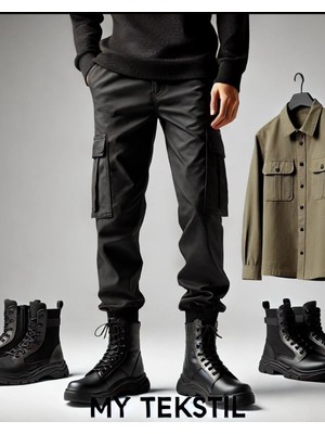 Erkek Kargo Pantolon  Siyah Likralı  Slim  Fit  Lastikli Paça