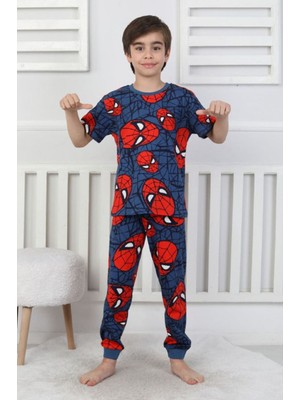 Isob Lacivert Örümcek Adam Desenli %100 Pamuk Kısa Kollu Erkek Çocuk Pijama Takımı 3-8 Yaş 41323-L