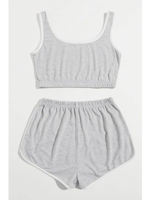 Kadın Gri Askılı Crop Top ve Şortlu Gecelik Takım
