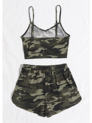 ALFA AKSESUAR 03 Kadın Kamuflaj Desenli Askılı Crop Top ve Şortlu Gecelik Takım