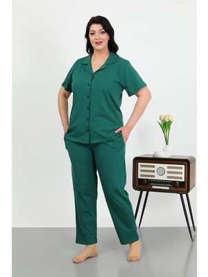 Moda Serdem Kadın Büyük Beden Pamuklu Cepli Düğmeli Zümrütyeşili Pijama Takım 202507
