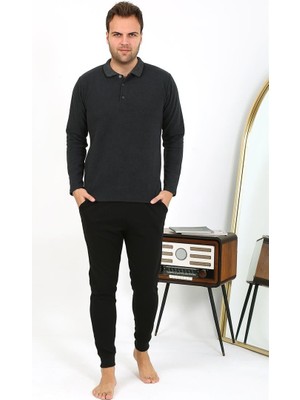 Moda Serdem Erkek Polo Yaka Uzun Kol Penye Pijama Takımı Antrasit 6865