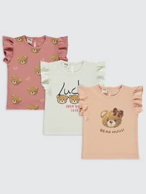 Civil Baby Kız Bebek 3'lü Tişört Seti Kısa Kol Günlük Stil Somon Renk 6-18 Ay