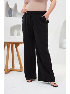 Beli Lastikli Geniş Paça Büyük Beden Pantolon Siyah