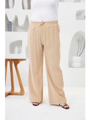 Beli Lastikli Geniş Paça Büyük Beden Pantolon Krem