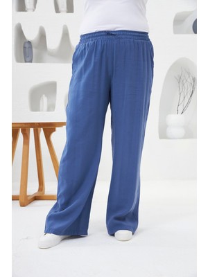 Beli Lastikli Geniş Paça Büyük Beden Pantolon Indigo