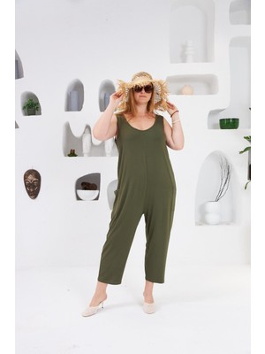 Cep Detaylı Büyük Beden Tulum Haki