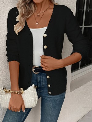 Janes Kadın Uzun Kollu Önden Düğmeli Kısa Triko Hırka