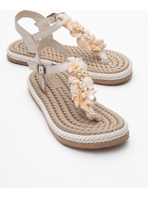 Lely Bej Deniz Kabuklu  Deri Kadın Parmak Arası Sandalet