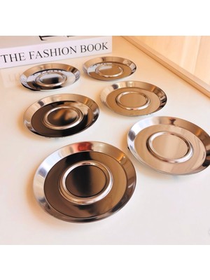 Paslanmaz Çelik Gümüş Renk Yuvarlak 6 Adet Çay Tabağı Bardak Altlığı