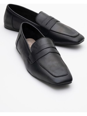 Morne Siyah Cilt  Deri Kadın Loafer Ayakkabı