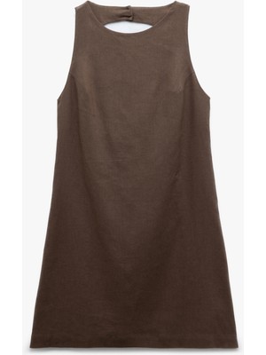 Koton Bisiklet Yaka Arkası Pencere Detaylı A Kesim Kolsuz Mini Keten Elbise