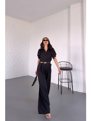 Neşeli Butik Kadın Gömlek Yaka Kemerli Geniş Paça Tulum NBK4197