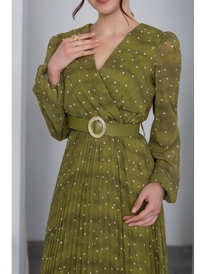 Neşeli Butik Kadın Kemerli Puantiye Desenli Şifon Elbise NBMY3286