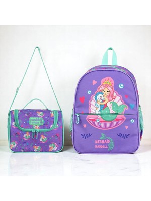 Waddell Lisanslı Deniz Kızı Desenli Anaokulu Kreş Sırt Çantası ve Termal Beslenme Çantası Seti Mor 33 cm x 24 cm x 10 cm