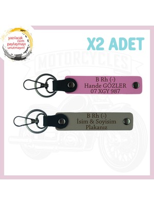Kül Gri-Pembe, Motorcu Yolculara Özel, Isim Plaka ve B Rh (-) Kan Grubu Yazılı, 2'li Anahtarlık Set