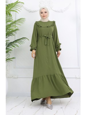 Sefa Merve Aerobin Kumaş Fırfır Detaylı Elbise 0023-04 Haki