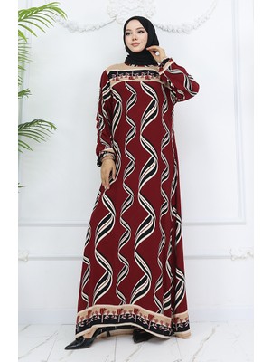 Sefa Merve Viskon Kumaş Kol Ucu Lastikli Elbise 0031-03 Bordo