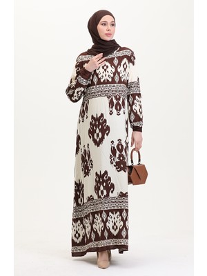 Sefa Merve Desenli Viskon Elbise 0006-01 Kahverengi Bej