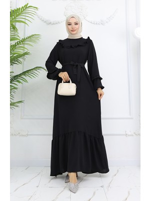 Sefa Merve Aerobin Kumaş Fırfır Detaylı Elbise 0023-03 Siyah