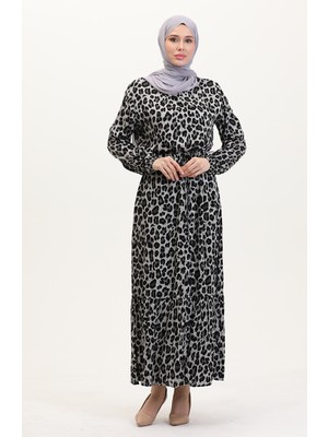 Sefa Merve Leopar Desenli Beli Ipli Elbise 0009-01 Siyah