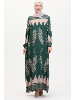 Sefa Merve Desenli Viskon Elbise 0005-02 Zümrüt Yeşili