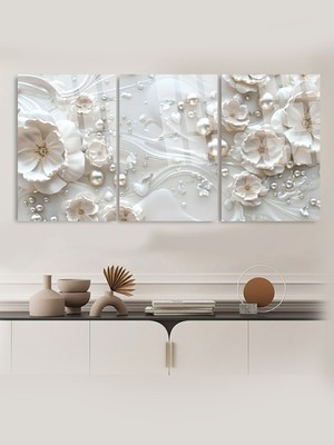 Taulart 3 Lü Beyaz Çiçek Boncuklu Tablo Modern Cam Tablo Kırılmaz Lüks Ev Hediyesi Tablo