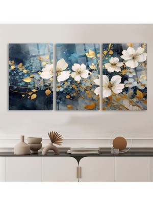 Taulart 3 Lü Mavi Renkli Çiçekler Parçalı Set Tablo Kırılmaz Lüks Cam Tablo Ev Hediyesi