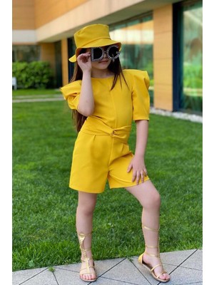Kız Çocuk Bisiklet Yaka Yarım Kol Bel Bağlama Detaylı Sarı Şortlu Tulum