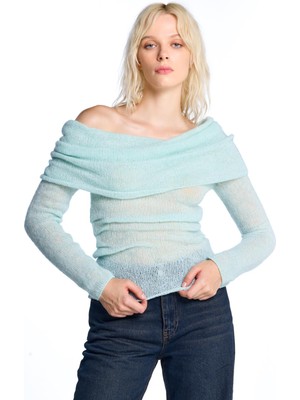 Mint Düşük Omuzlu Triko Bluz