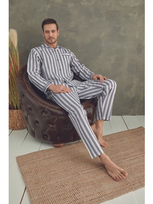 Çizgili Apaj Yaka Dokuma Erkek Pijama Set
