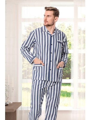 Kly Boy Çizgili Pamuk Kumaş Pijama Takımı Mavi Baskılı Düz Kol Normal Bel