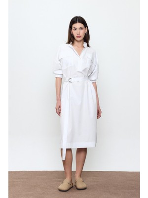Beyaz %100 Cotton Midi Boy Gömlek Elbise