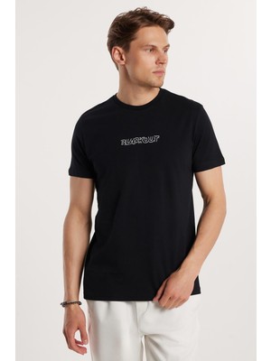 Erkek Slim Fit Dar Kesim %100 Pamuk Yumuşak Dokulu Baskılı Siyah Bisiklet Yaka Tişört