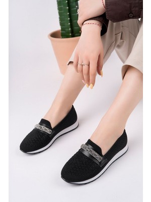 Pasyone Kadın Spor Babet Siyah Renk Taş Detaylarıyla Şık Tasarım 2 cm Taban Yüksekliği