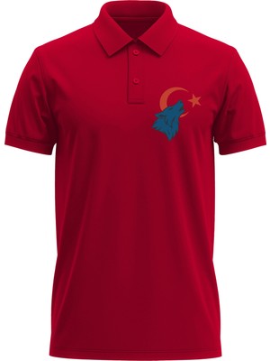 Erkek Slim Fit Dar Kesim Pamuklu Yumuşak Doku Nefes Alan Kumaş Kurt Baskı Polo Yaka Tişört