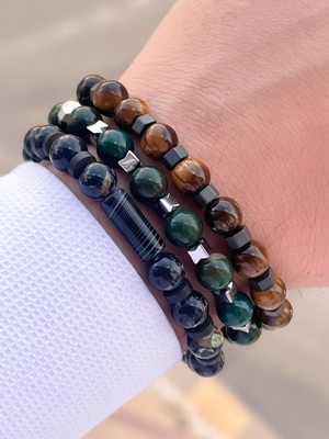 Nursaat 3 Lü Özel Tasarım Unisex Doğal Taş Bileklik Çakra, Turkuaz, Yeşim, Akik ve Sitrin Taşları 02