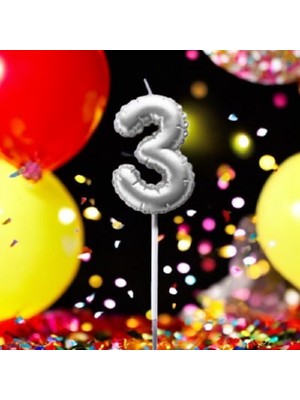 Gümüş Doğum Günü Balon Şeklinde Mum Pasta Mumu 3 Numara