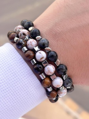 Nursaat 3 Lü Özel Tasarım Unisex Doğal Taş Bileklik Çakra, Turkuaz, Yeşim, Akik ve Sitrin Taşları 04