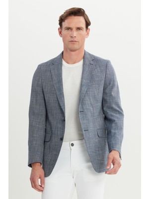 ALTINYILDIZ CLASSICS Erkek Mavi Comfort Fit Rahat Kesim Mono Yaka Desenli Blazer Ceket