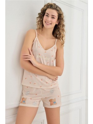 Kadın Ince Askı Şortlu Bej Pijama Takımı 70107-925