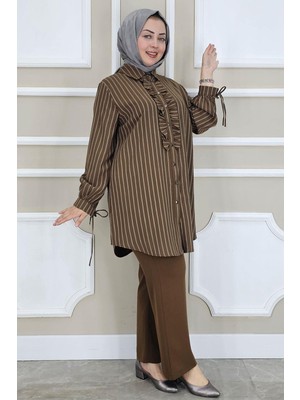 Pys Giyim Kadın Çigili Fırfırlı Gömlek Pantolon Tesettür Takım