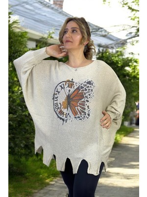 Saat Desenli Kayık Yaka Yarasa Kol Büyük Beden Merserize Bluz Kazak 44-56 Uygun