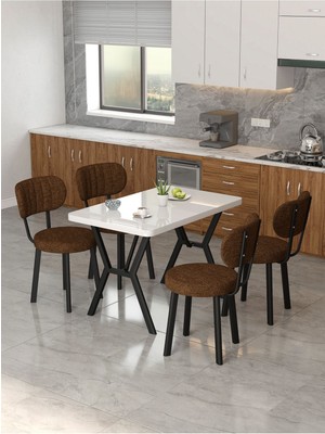 Azra 70 x 110 cm  Beyaz Mutfak Masası, Mutfak Masası Takımı, Yemek Masası, 4 Kahverengi Sandalye