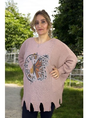 Saat Desenli Kayık Yaka Yarasa Kol Büyük Beden Merserize Bluz Kazak 44-56 Uygun