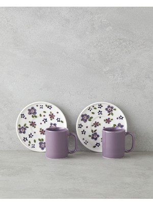 English Home Floretta Bone Porselen 4 Parça 2 Kişilik Kahve Fincan Takımı 90 ml Mor