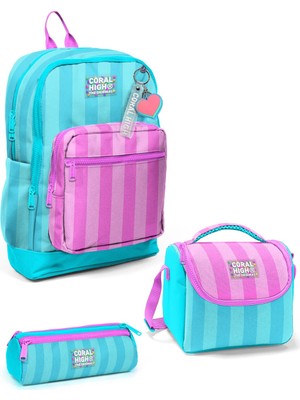 Coral High Kids Turkuaz Pembe Çizgili 3’lü Okul Çanta Seti SET0123771