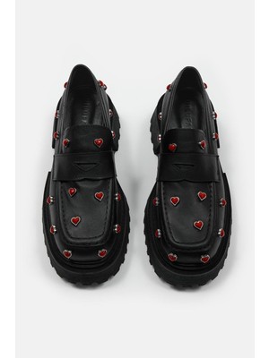 Love Siyah Hakiki Deri Kalın Tabanlı Kadın Loafer