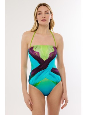 Ayyıldız 4308 Mavi Yeşil Desenli Straplez Mayo