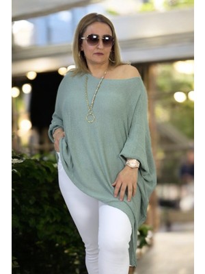 Madonna Yaka Asimetrik Kesim Yırtmaç Detay Cepli Büyük Beden Italyan Merserize Bluz Kazak. 46-58 Beden Uyumlu